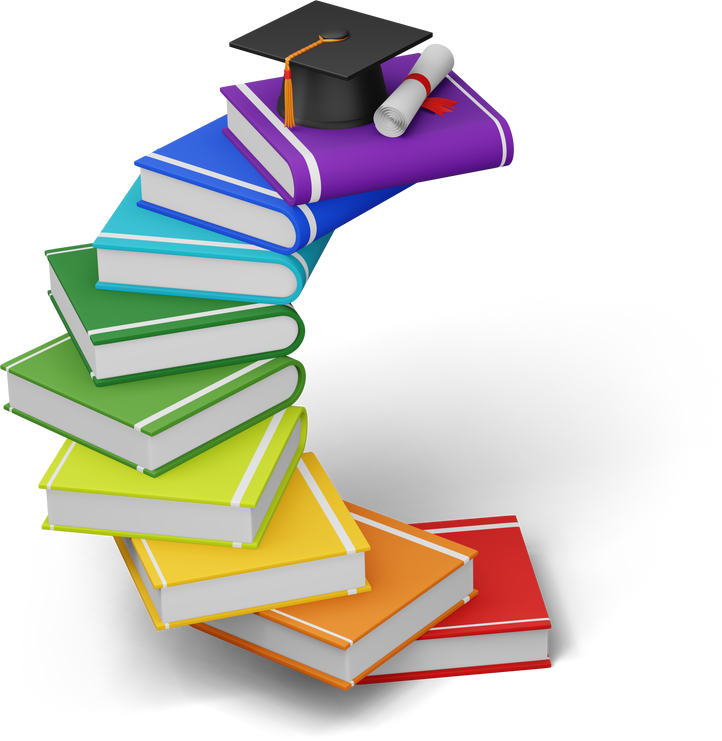 Graduation cap with Diploma and colorful book, 3d rendering